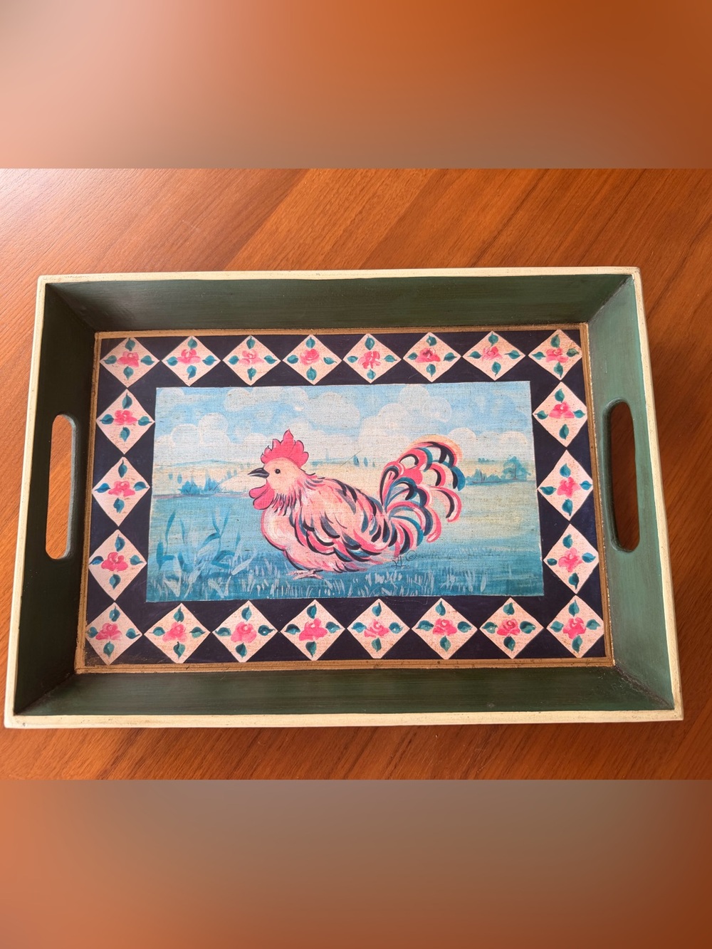 Vintage Rooster Wooden Serving Tray 16.5” Folk Art Hand Painted Farmhouse Decor